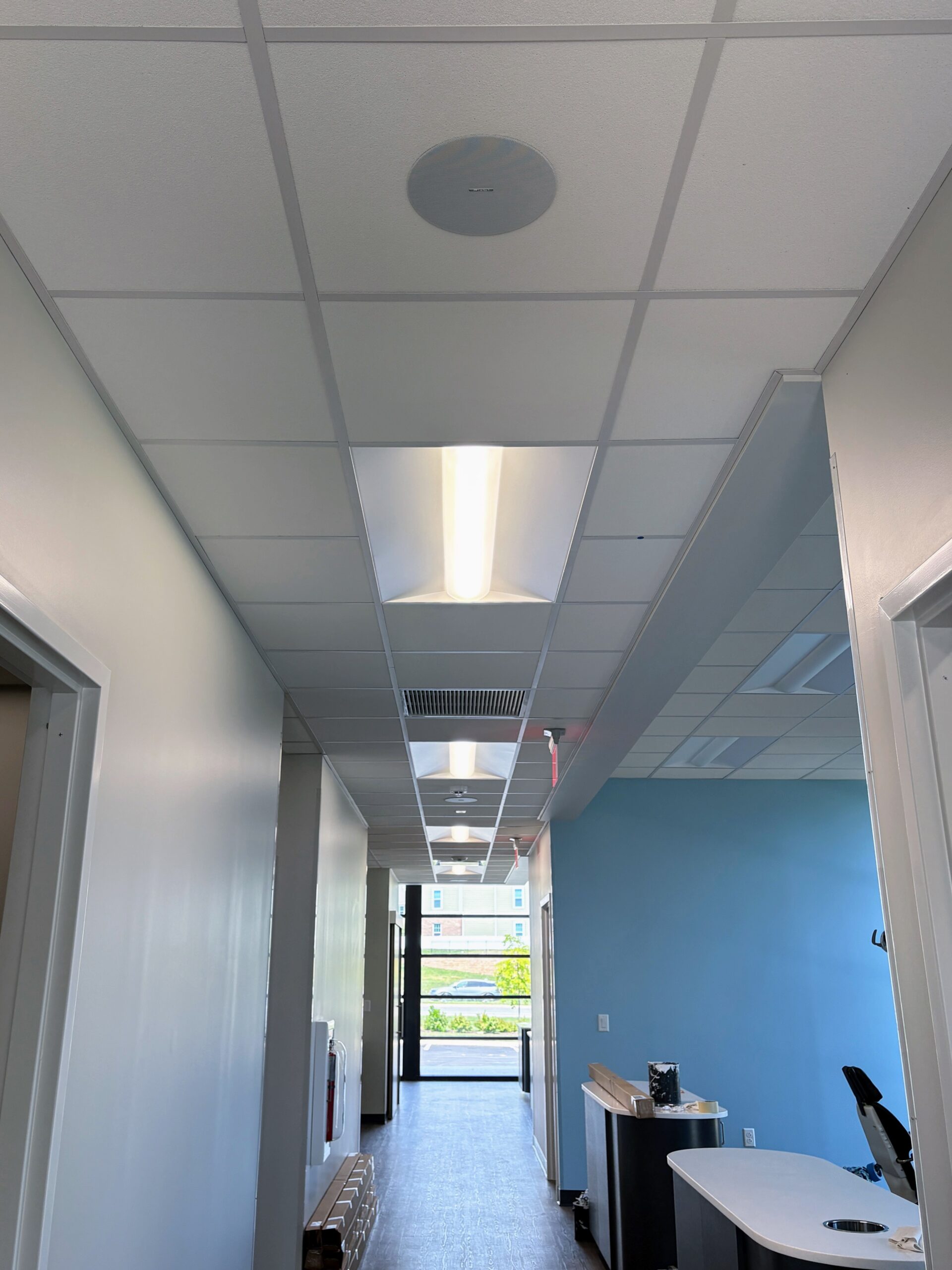 In-ceiling speakers at a commercial dentist office